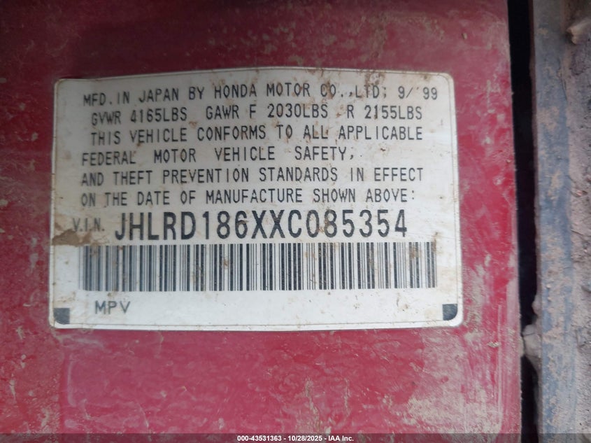 1999 Honda Cr-V Ex VIN: JHLRD186XXC085354 Lot: 43531363