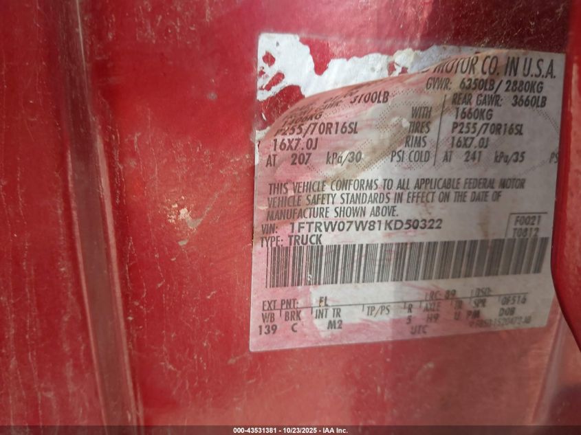 2001 Ford F-150 Harley-Davidson Edition/King Ranch Edition/Lariat/Xlt VIN: 1FTRW07W81KD50322 Lot: 43531381