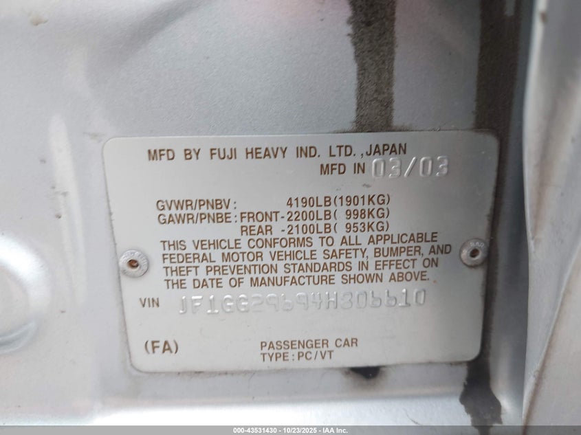 2004 Subaru Impreza Wrx VIN: JF1GG29694H806610 Lot: 43531430