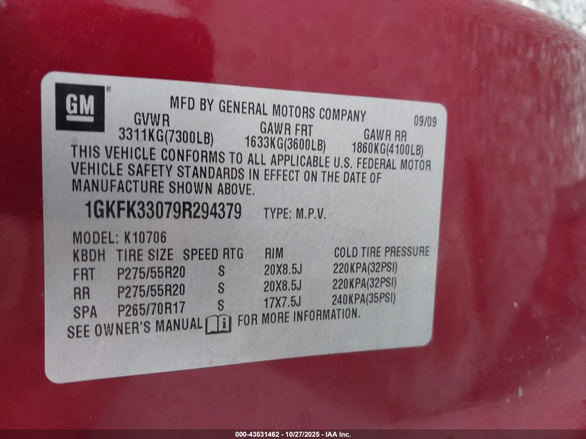 2009 GMC Yukon Slt2 VIN: 1GKFK33079R294379 Lot: 43531462