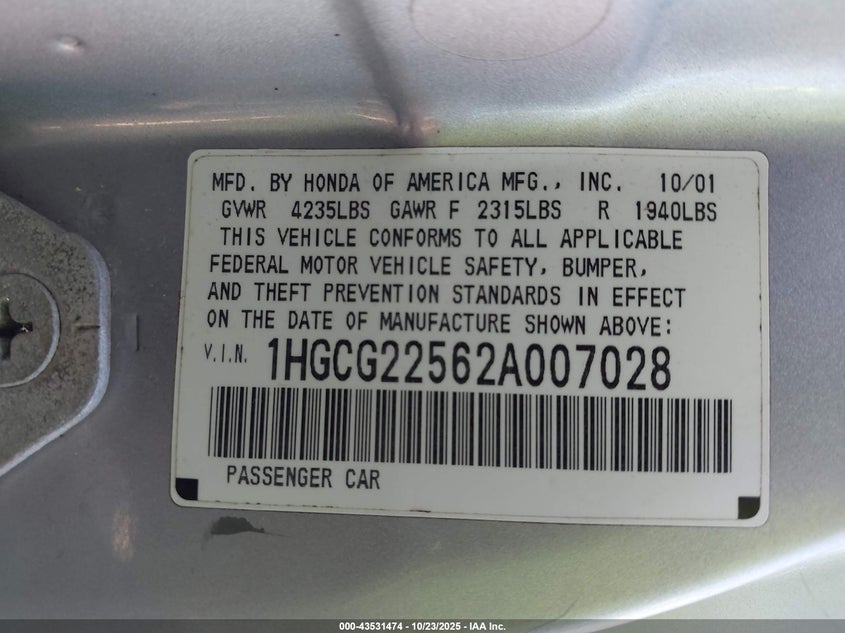 1HGCG22562A007028 2002 HONDA ACCORD photo no. 9