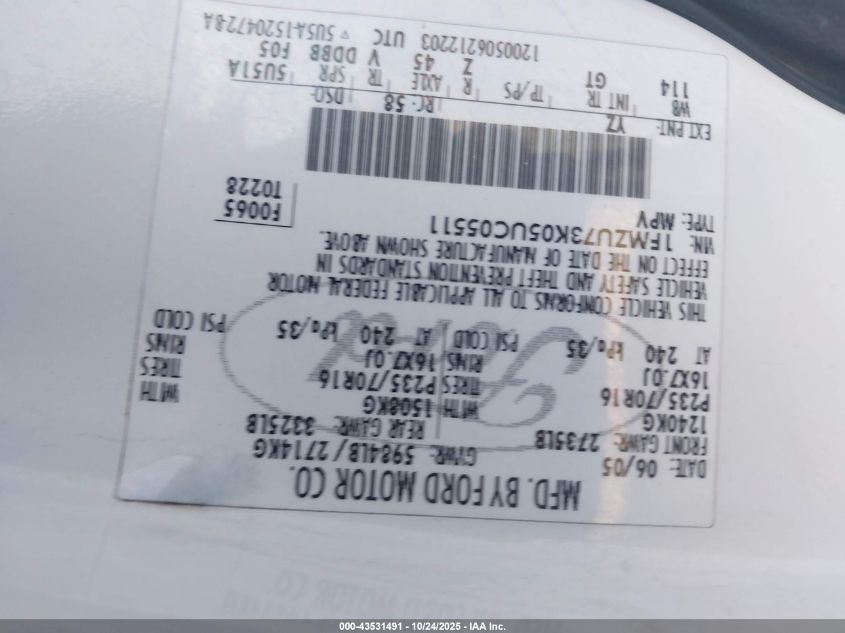 2005 Ford Explorer Xlt/Xlt Sport/Nbx VIN: 1FMZU73K05UC05511 Lot: 43531491