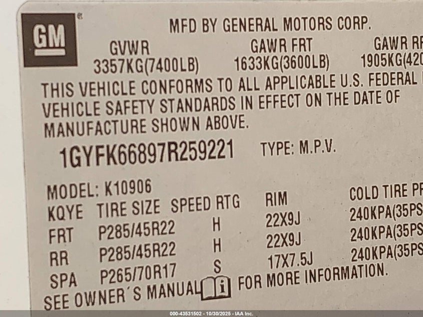 2007 Cadillac Escalade Esv Standard VIN: 1GYFK66897R259221 Lot: 43531502