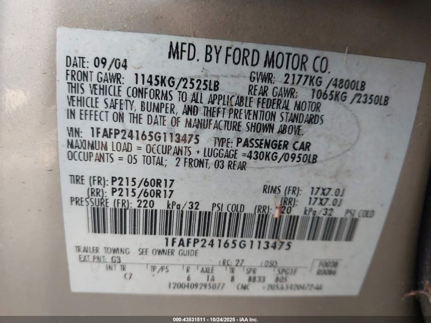 2005 Ford Five Hundred Sel VIN: 1FAFP24165G113475 Lot: 43531511