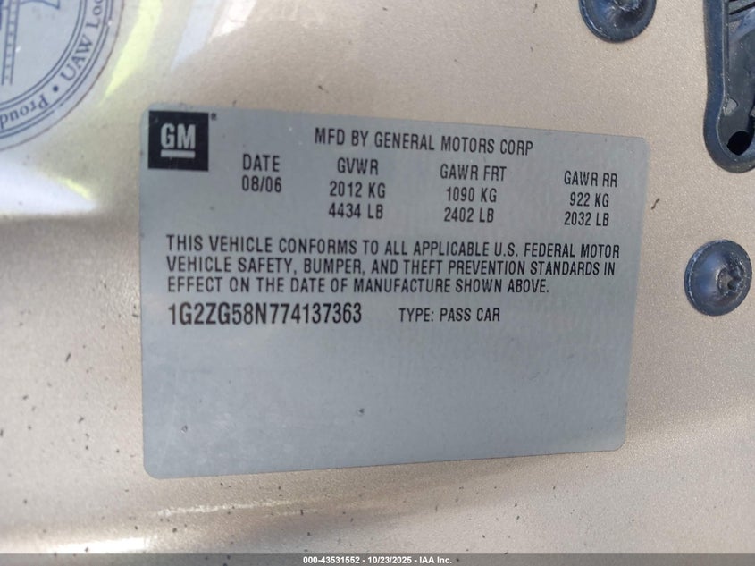 2007 Pontiac G6 VIN: 1G2ZG58N774137363 Lot: 43531552