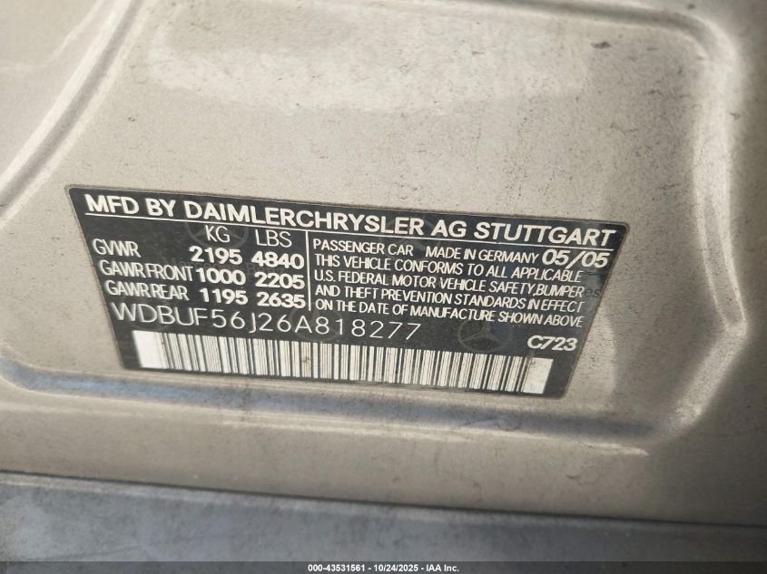 2006 Mercedes-Benz E 350 VIN: WDBUF56J26A818277 Lot: 43531561