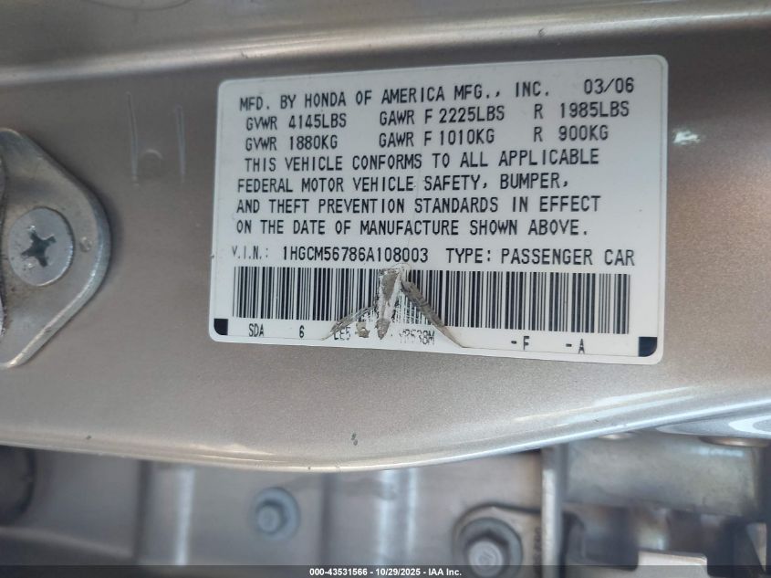 2006 Honda Accord 2.4 Ex VIN: 1HGCM56786A108003 Lot: 43531566