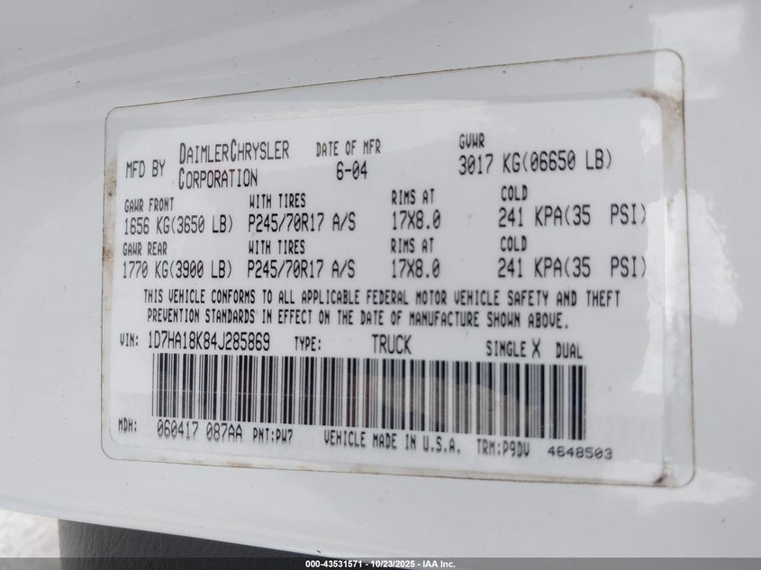 2004 Dodge Ram 1500 St VIN: 1D7HA18K84J285869 Lot: 43531571