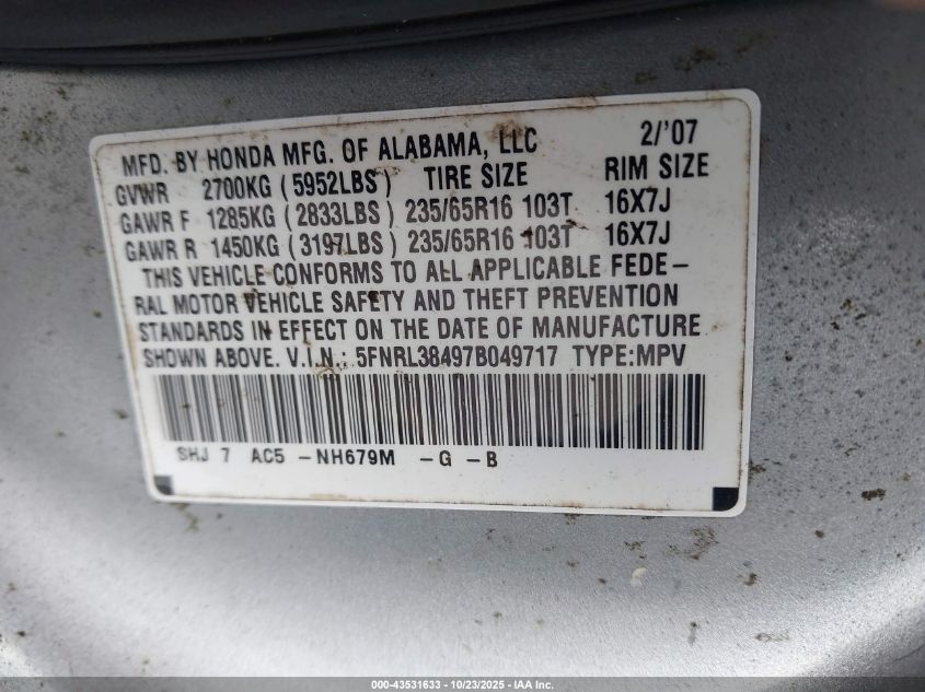 2007 Honda Odyssey Ex VIN: 5FNRL38497B049717 Lot: 43531633