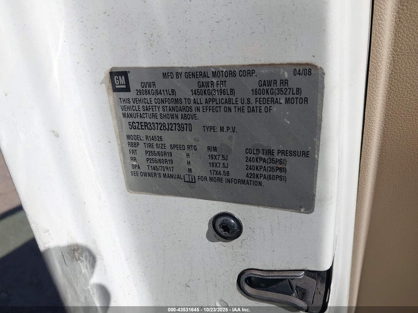 2008 Saturn Outlook Xr VIN: 5GZER33728J273970 Lot: 43531645