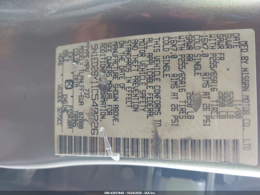 2001 Nissan Xterra Se VIN: 5N1ED28Y11C540226 Lot: 43531649