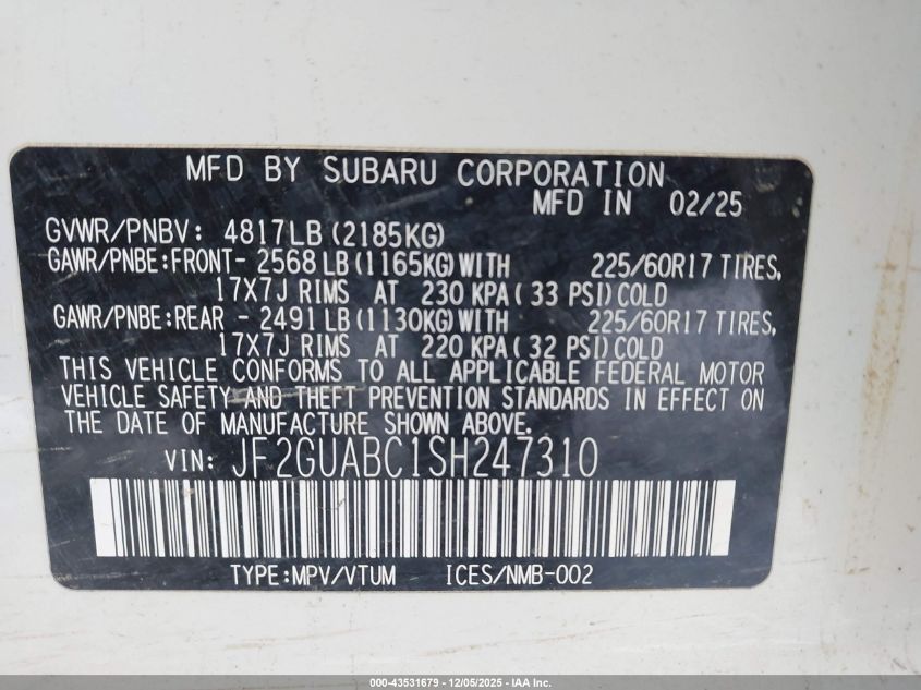 2025 Subaru Crosstrek VIN: JF2GUABC1SH247310 Lot: 43531679