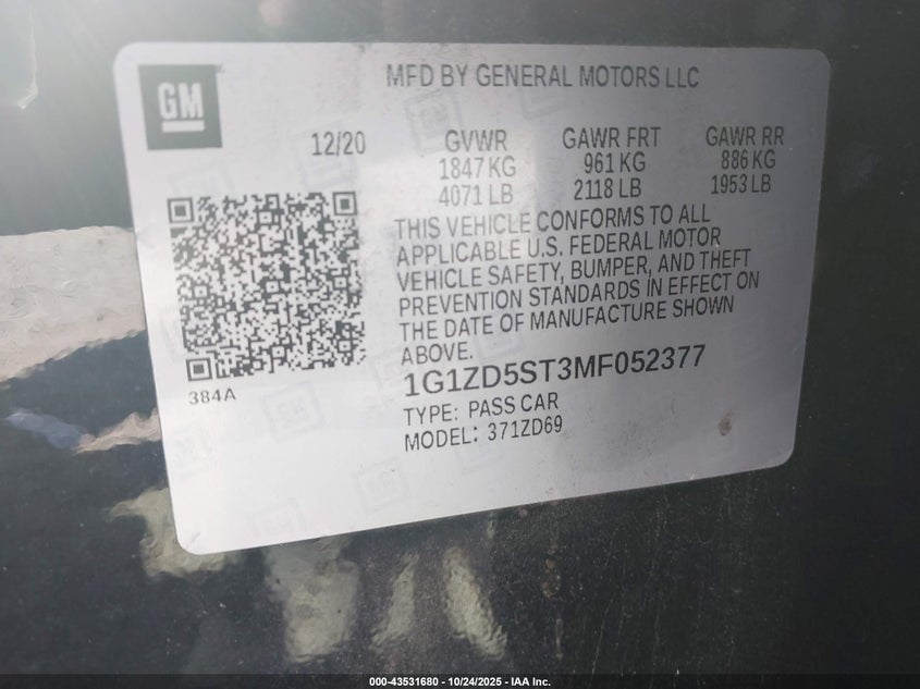 2021 CHEVROLET MALIBU FWD LT 1G1ZD5ST3MF052377