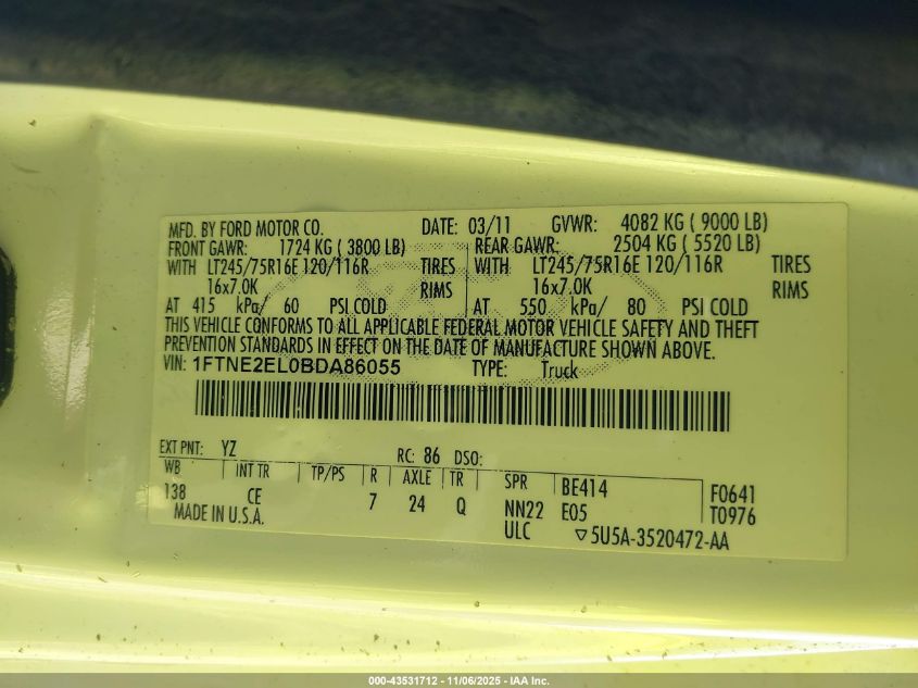 2011 Ford E-250 Commercial VIN: 1FTNE2EL0BDA86055 Lot: 43531712