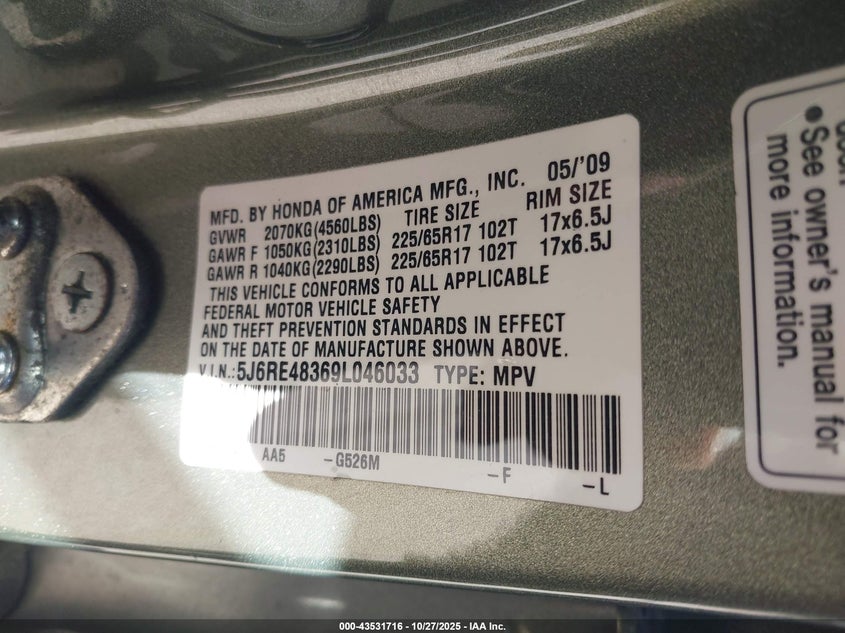 2009 Honda Cr-V Lx VIN: 5J6RE48369L046033 Lot: 43531716