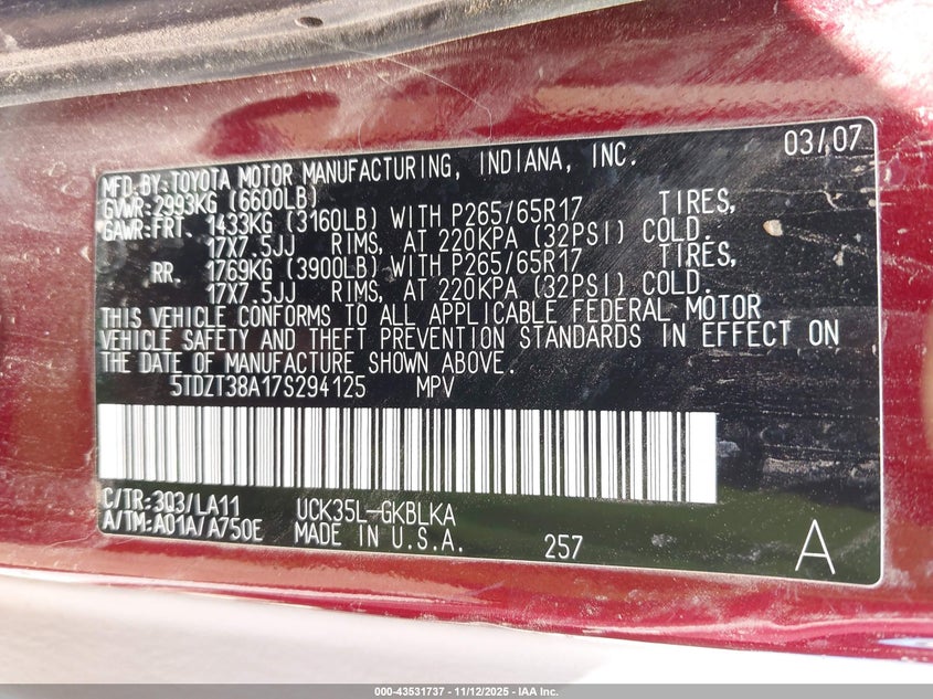 2007 Toyota Sequoia Limited V8 VIN: 5TDZT38A17S294125 Lot: 43531737