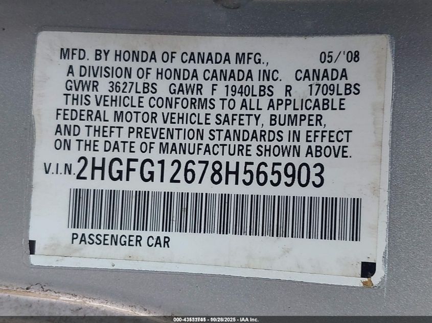 2008 Honda Civic Lx VIN: 2HGFG12678H565903 Lot: 43531745