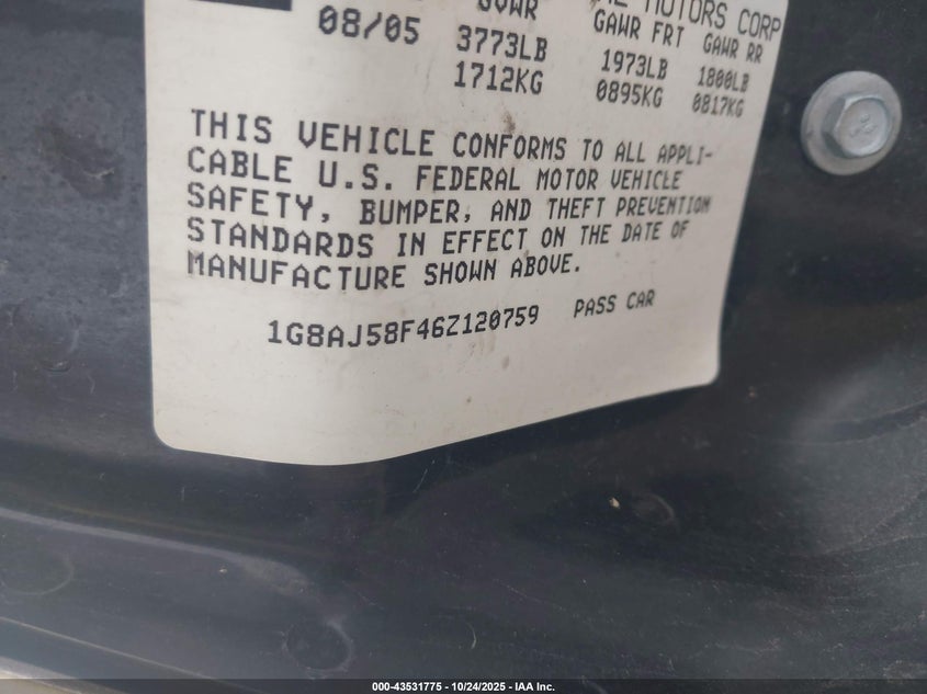 2006 Saturn Ion Level 2 VIN: 1G8AJ58F46Z120759 Lot: 43531775