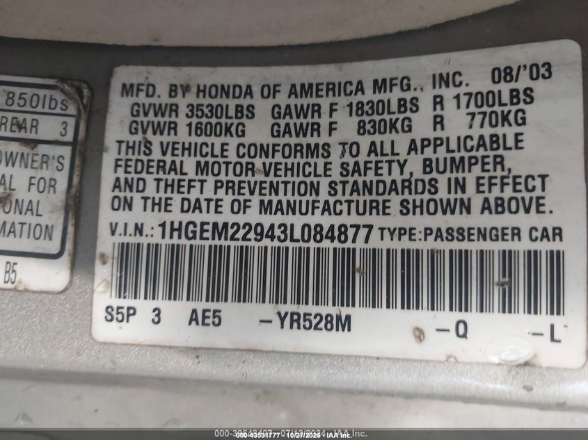 2003 Honda Civic Ex VIN: 1HGEM22943L084877 Lot: 43531777