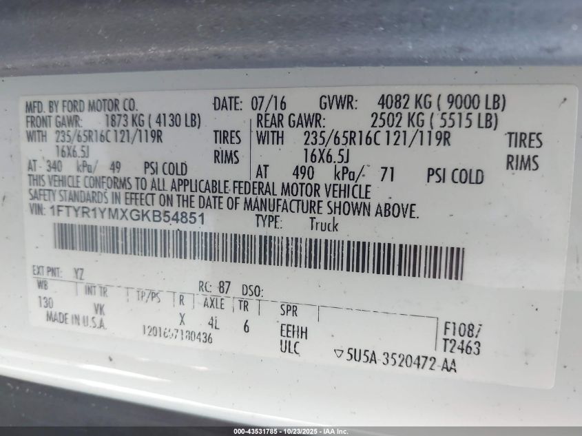 2016 Ford Transit-250 VIN: 1FTYR1YMXGKB54851 Lot: 43531785