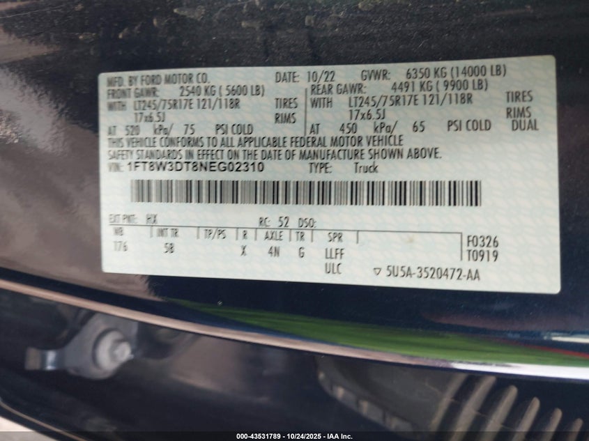 2022 Ford F-350 Lariat VIN: 1FT8W3DT8NEG02310 Lot: 43531789
