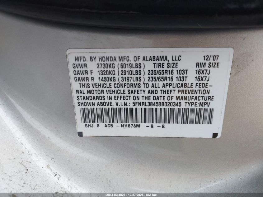 2008 Honda Odyssey Ex VIN: 5FNRL38458B020345 Lot: 43531828