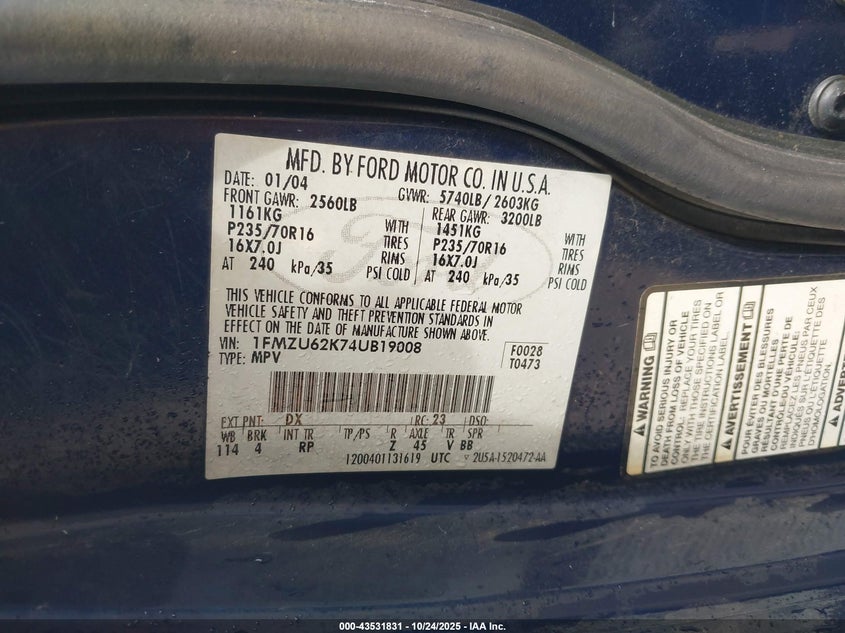2004 Ford Explorer Xls VIN: 1FMZU62K74UB19008 Lot: 43531831