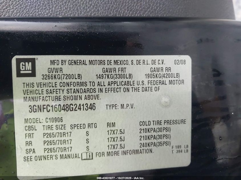 2008 Chevrolet Suburban 1500 Lt VIN: 3GNFC16048G241346 Lot: 43531877