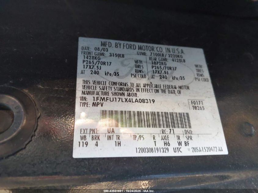 2004 Ford Expedition Eddie Bauer VIN: 1FMFU17LX4LAA0831 Lot: 43531881