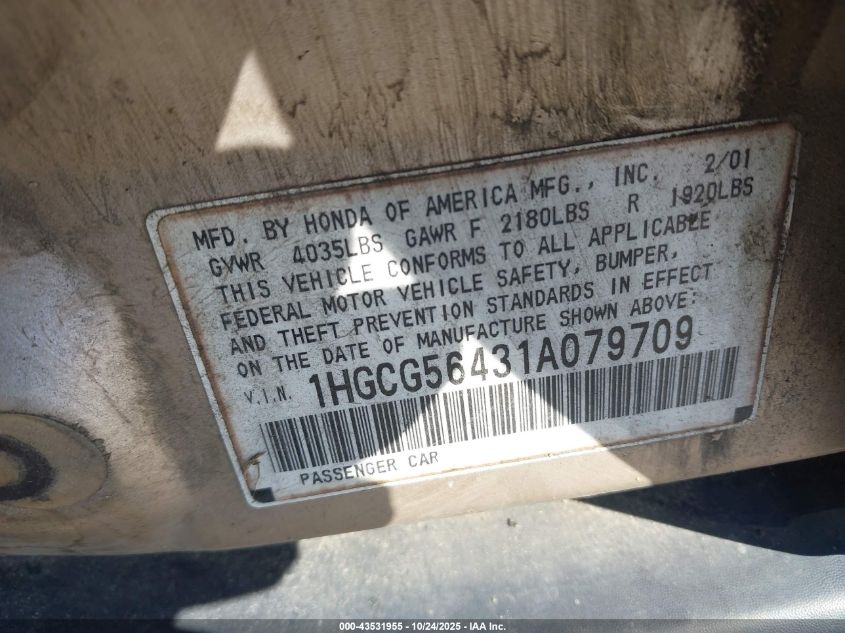 2001 Honda Accord 2.3 Lx VIN: 1HGCG56431A079709 Lot: 43531955