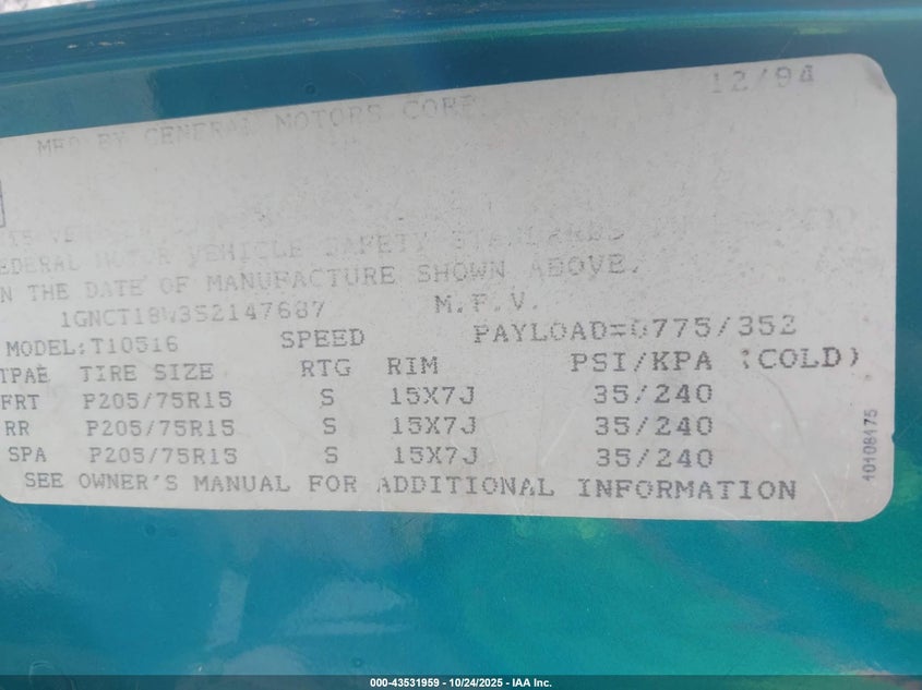 1995 Chevrolet Blazer VIN: 1GNCT18W3S2147687 Lot: 43531959