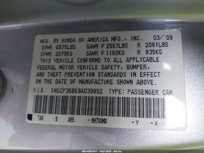 2009 Honda Accord 3.5 Ex-L VIN: 1HGCP36869A039952 Lot: 43531977
