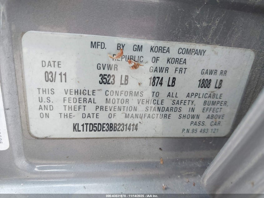 2011 Chevrolet Aveo 1Lt VIN: KL1TD5DE3BB231414 Lot: 43531978