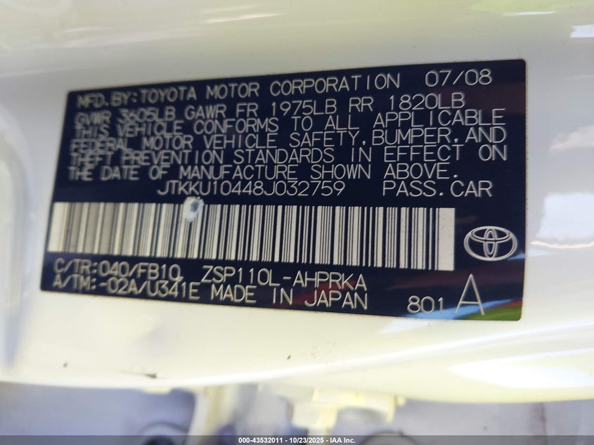 2008 Scion Xd VIN: JTKKU10448J032759 Lot: 43532011