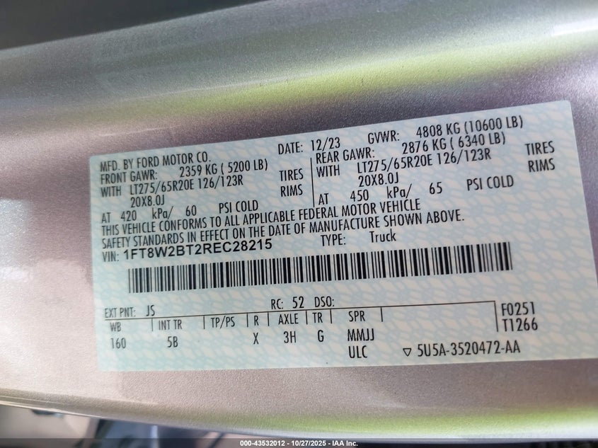 2024 Ford F-250 Lariat VIN: 1FT8W2BT2REC28215 Lot: 43532012