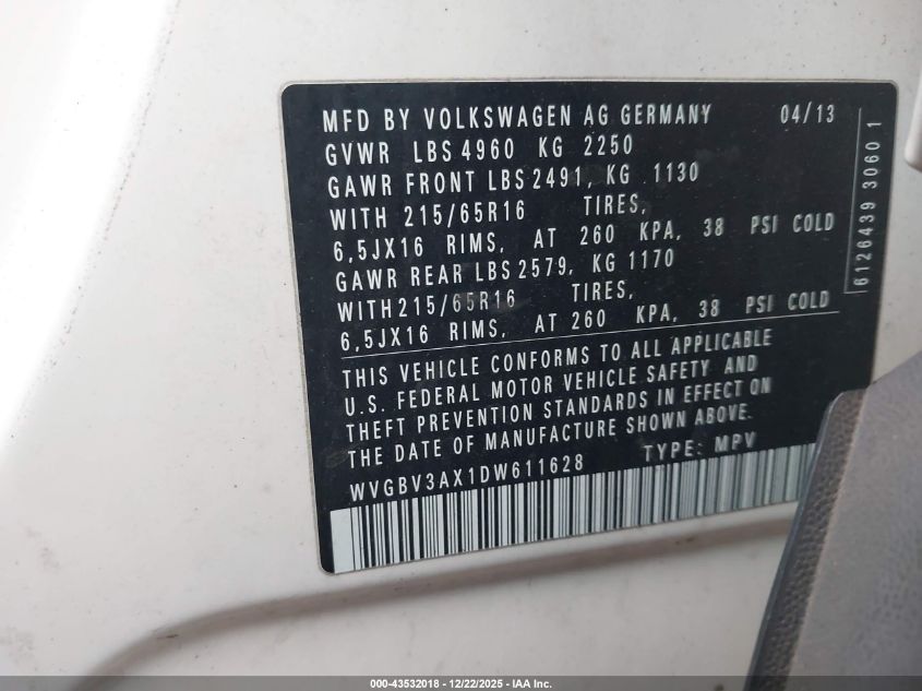 2013 Volkswagen Tiguan S VIN: WVGBV3AX1DW611628 Lot: 43532018