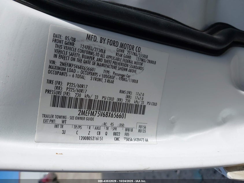 2008 Mercury Grand Marquis Ls VIN: 2MEFM75V68X656601 Lot: 43532029