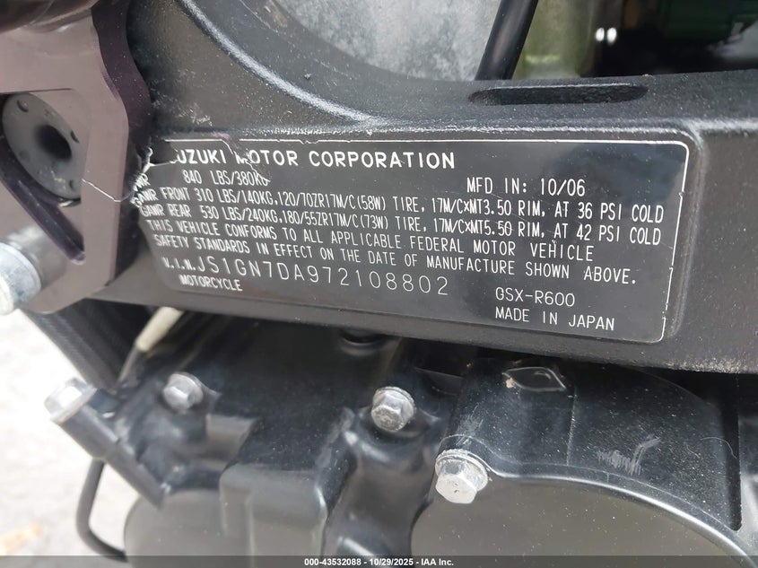 2007 Suzuki Gsx-R600 VIN: JS1GN7DA972108802 Lot: 43532088