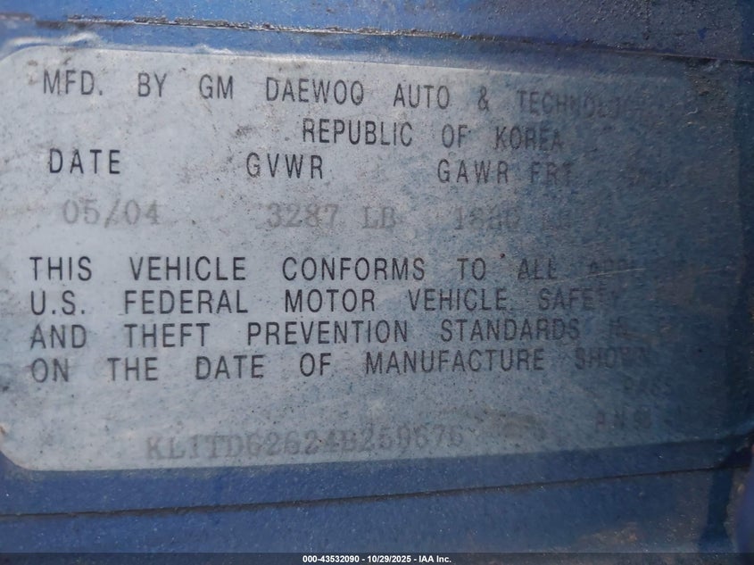 2004 Chevrolet Aveo VIN: KL1TD62624B259676 Lot: 43532090