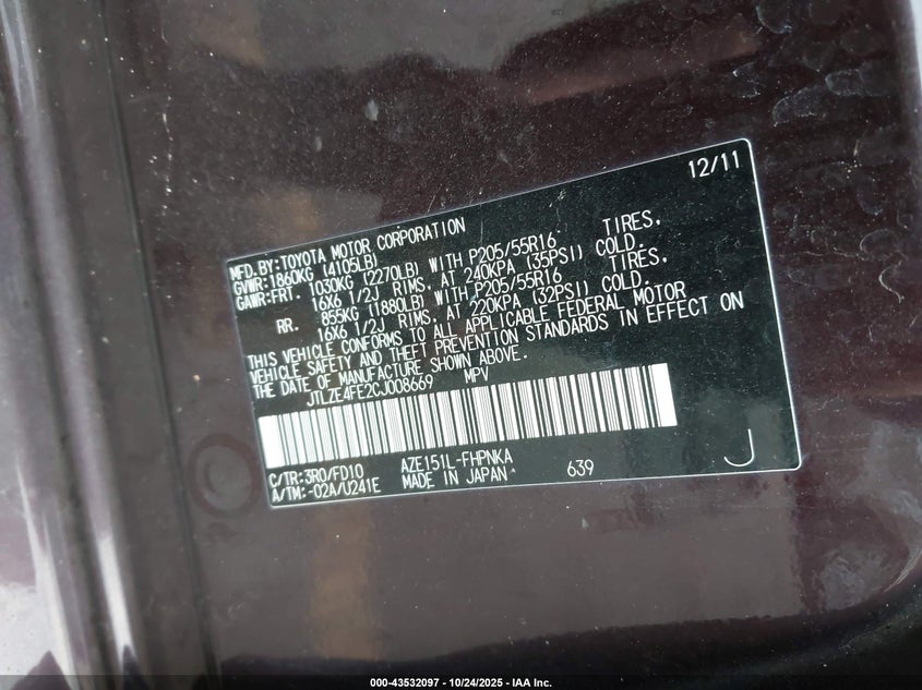 2012 Scion Xb VIN: JTLZE4FE2CJ008669 Lot: 43532097