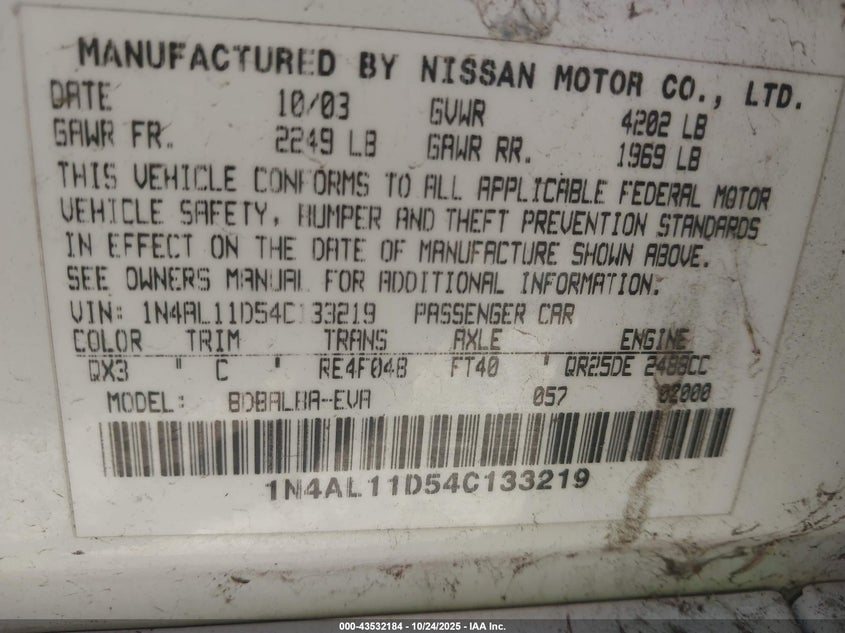 2004 Nissan Altima 2.5 S VIN: 1N4AL11D54C133219 Lot: 43532184