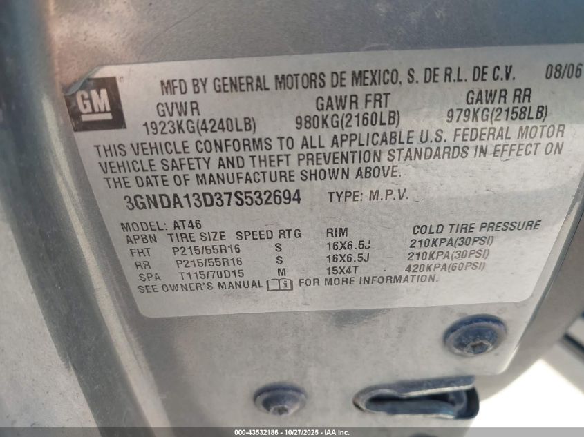 2007 Chevrolet Hhr Ls VIN: 3GNDA13D37S532694 Lot: 43532186