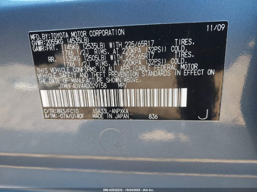 2010 Toyota Rav4 VIN: JTMBF4DV4AD029158 Lot: 43532232