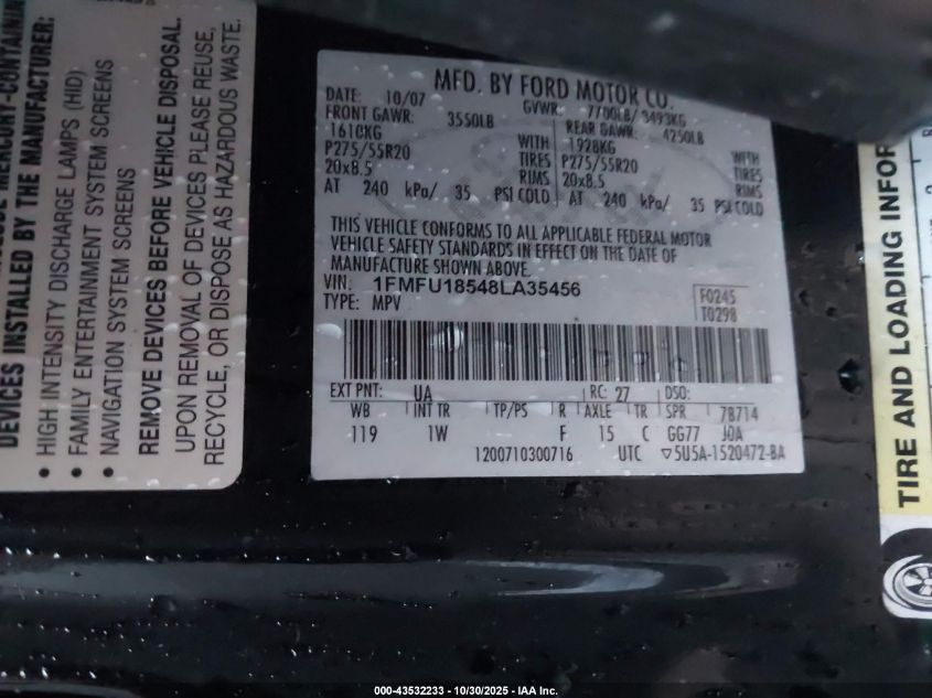 2008 Ford Expedition Eddie Bauer VIN: 1FMFU18548LA35456 Lot: 43532233