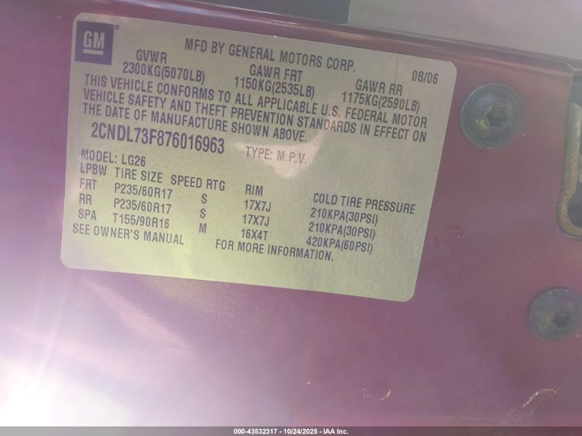 2007 Chevrolet Equinox Lt VIN: 2CNDL73F876016963 Lot: 43532317