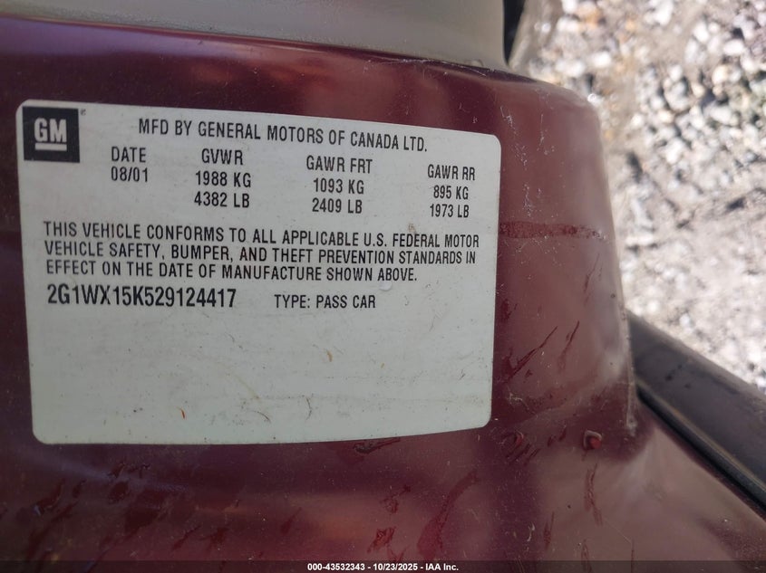 2002 Chevrolet Monte Carlo Ss VIN: 2G1WX15K529124417 Lot: 43532343