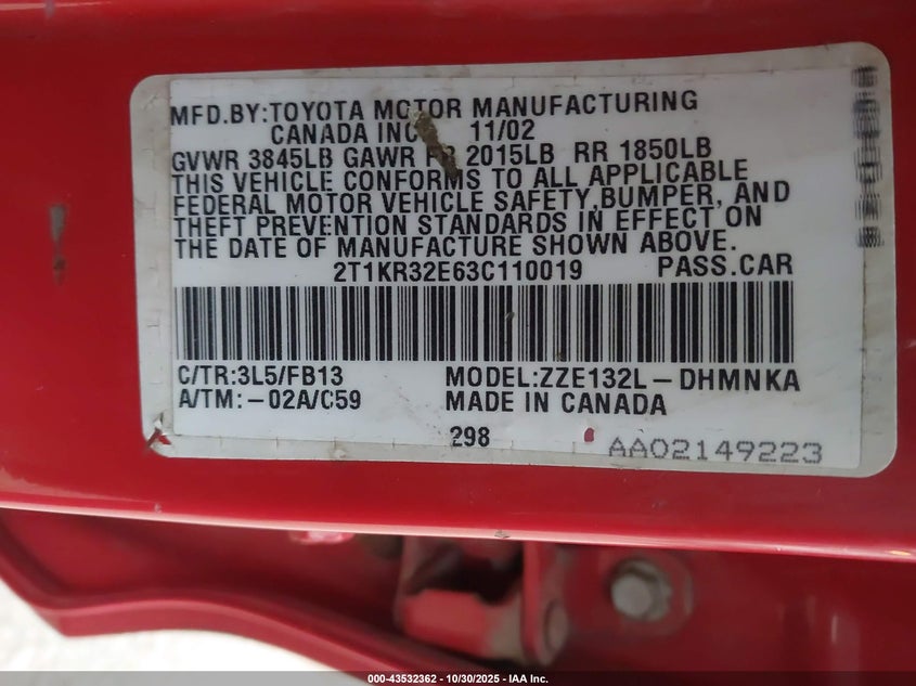 2003 Toyota Matrix Xr VIN: 2T1KR32E63C110019 Lot: 43532362