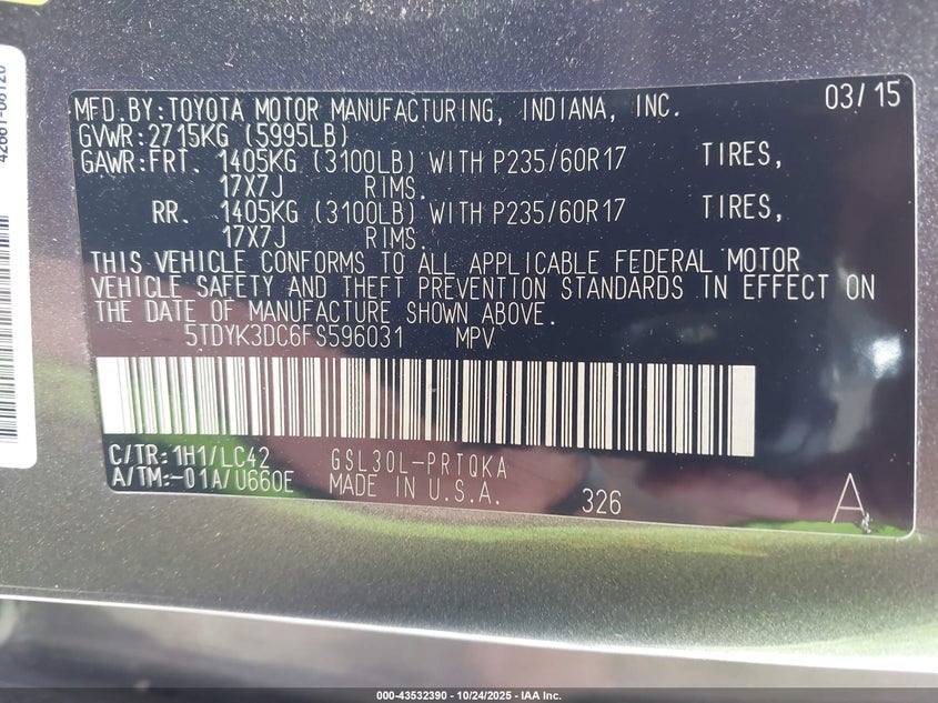 2015 TOYOTA SIENNA XLE 8 PASSENGER 5TDYK3DC6FS596031