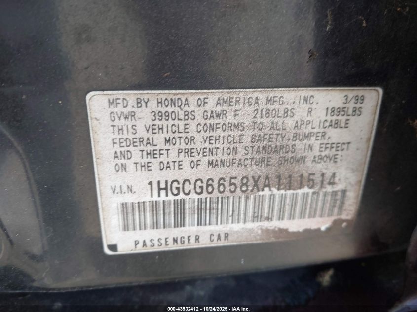 1999 Honda Accord Lx VIN: 1HGCG6658XA111514 Lot: 43532412