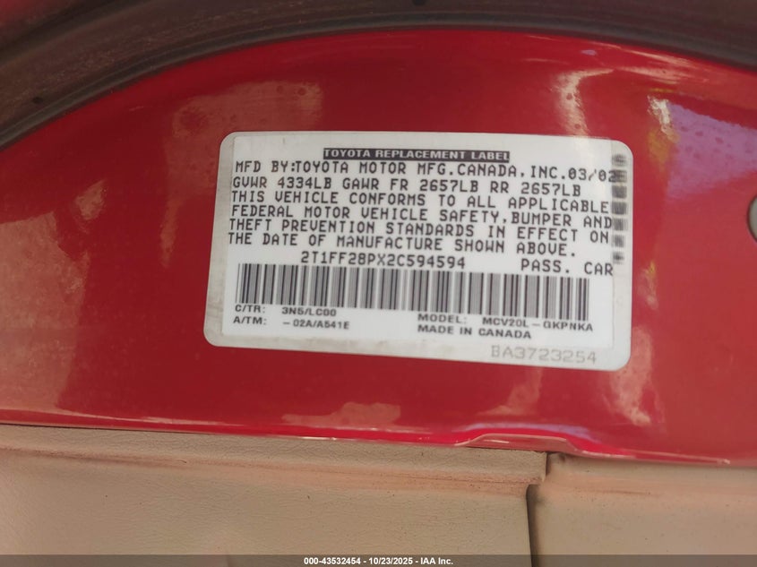 2002 Toyota Camry Solara Sle V6 VIN: 2T1FF28PX2C594594 Lot: 43532454